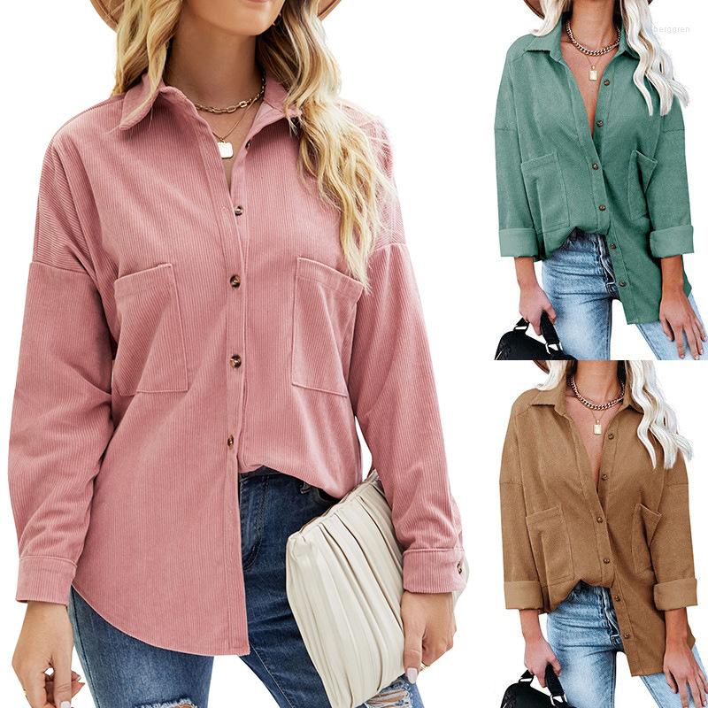 

Women' Blouses HAOOHU Spring And Autumn Coat Casual Long-sleeved Pocket Corduroy Shirt Women' Boutique Can Be Worn In Four Seasons, Green
