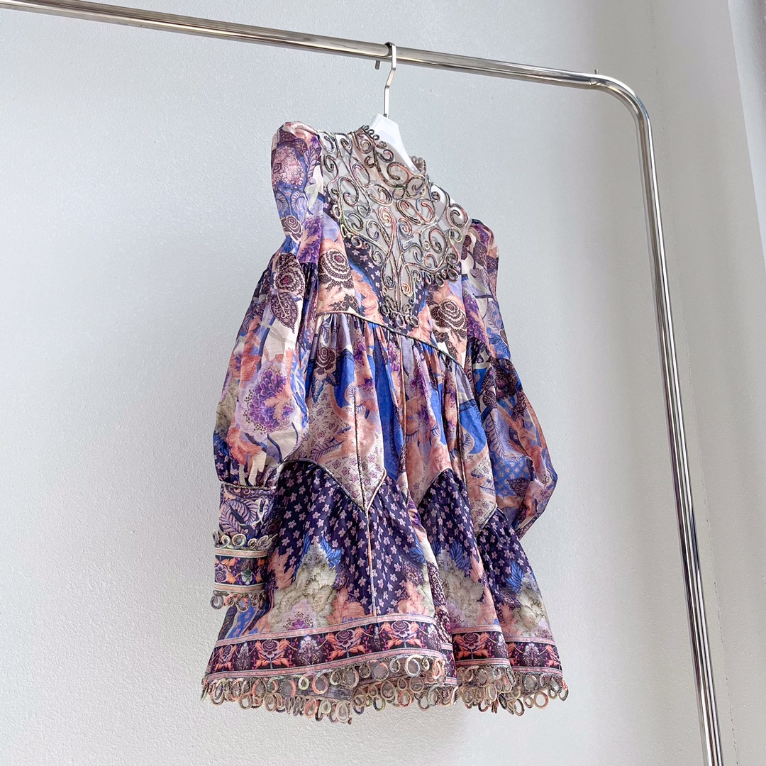 

Dresses AW20 Women's Dream Vortex Print Long Sleeve Stand Collar Color Contrast Lace Splice Flower Dress, Picture color