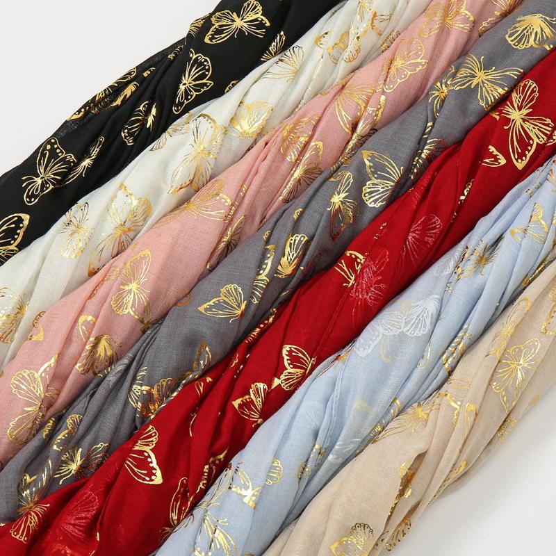 

Scarves Fashion Animal Gold Shimmer Butterfly Pattern Viscose Scarf Lady Print Soft Hijab Shawls And Wrap Pashmina Muslim Stole 180 90Cm