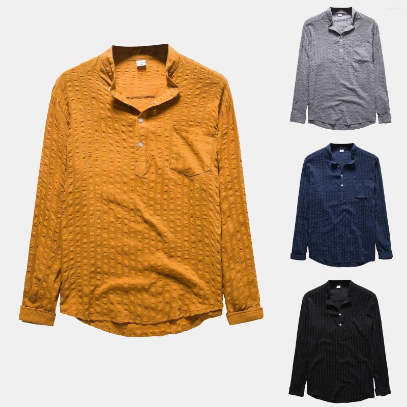 

Men's Polos Casual Solid Linen Shirts Long Sleeve Pocket Button Stand Collar Tops Outdoor Walking Daily Camisas Drop, Black