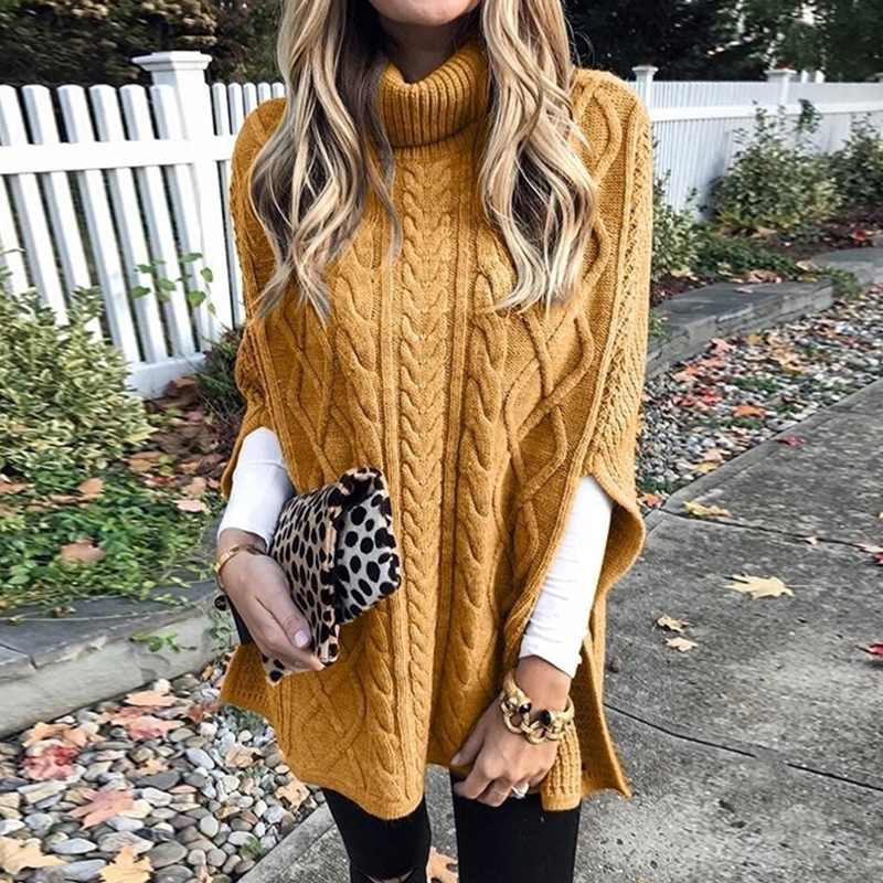 

QNPQYX Winter Casual Loose Knitted Sweater Women Fashion Turtleneck 3/4 Sleeve Solid Color PonchoTops Elegant Twist Shawl Jumper, Beige