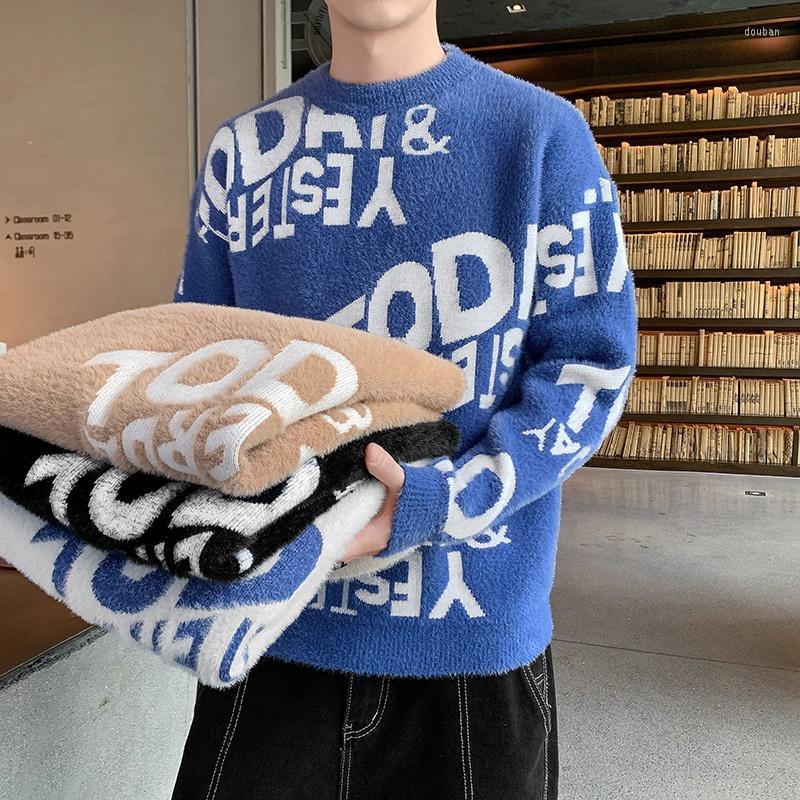 

Men's Sweaters Winter Korean Fashion Letter Print Sweater Men Streetwear Mink Cashmere Pullovers High End Soft Warm Mens Christmas, Black