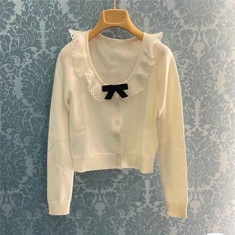 

Women' Knits White Bow Sweet Women Fall Winter Sweater Temperament Doll Collar Hollow Knitted Single Breasted Cardigan Brand Clothes, Apricot