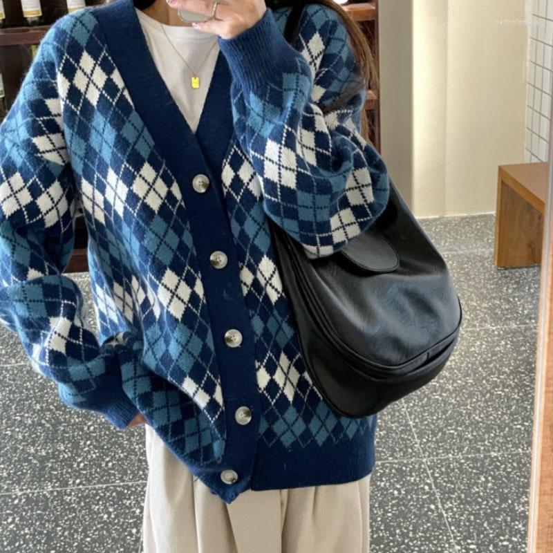 

Women's Sweaters College Style Diamond Check Contrast Pink Coat Female 2022 Winter Thickened V-Neck Knitted Cardigan Student