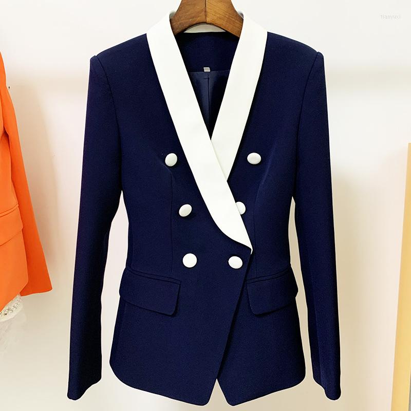 

Women' Suits High Quality Est Fashion 2022 Designer Style Women Blue & White Shawl Collar Double Breasted Lion Buttons Blazer Jacket, Picture shown