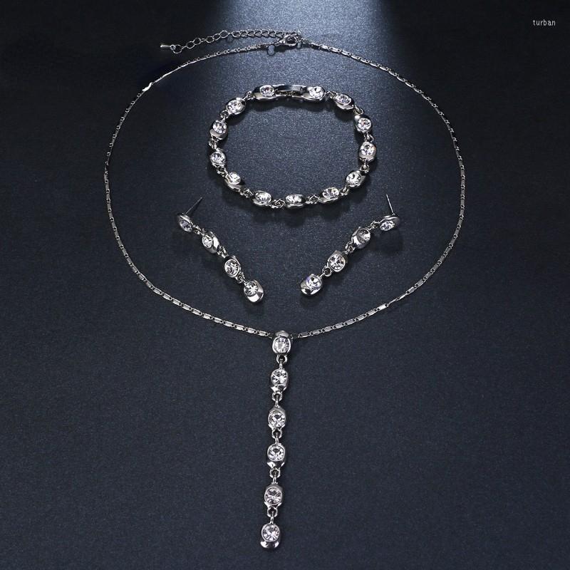 

Necklace Earrings Set Luxury Geometric Water Drop Cubic Zirconia Charm Dangle Sets For Women Bridal Wedding Party Jewelry, Picture shown