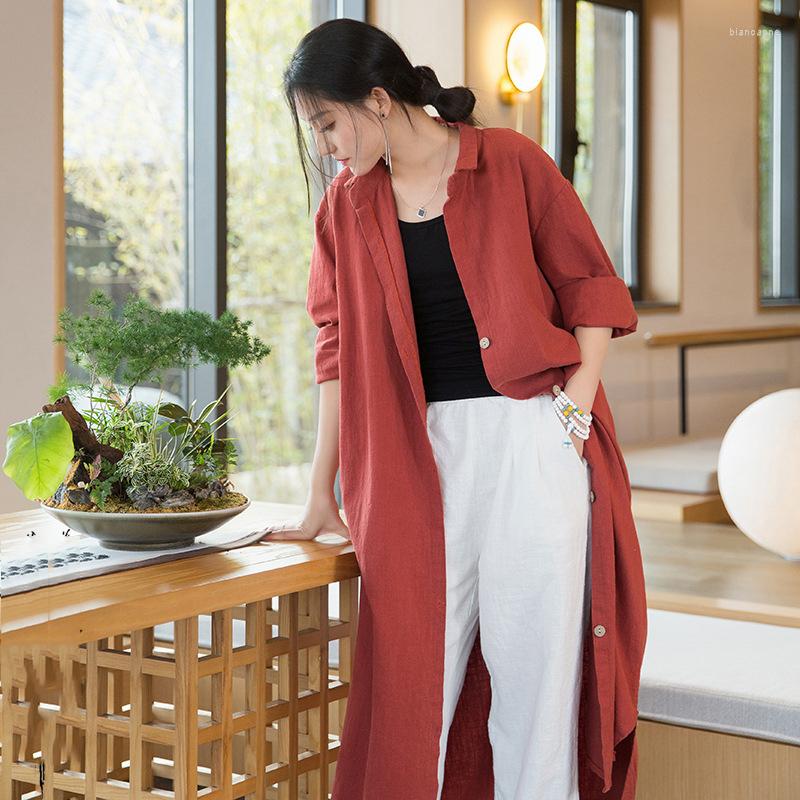 

Women's Trench Coats NINI WONDERLAND 2022 Autumn Ramie Cotton Casual Long Coat Women Spring Loose Cardigan Female Vintage Outerwear, White