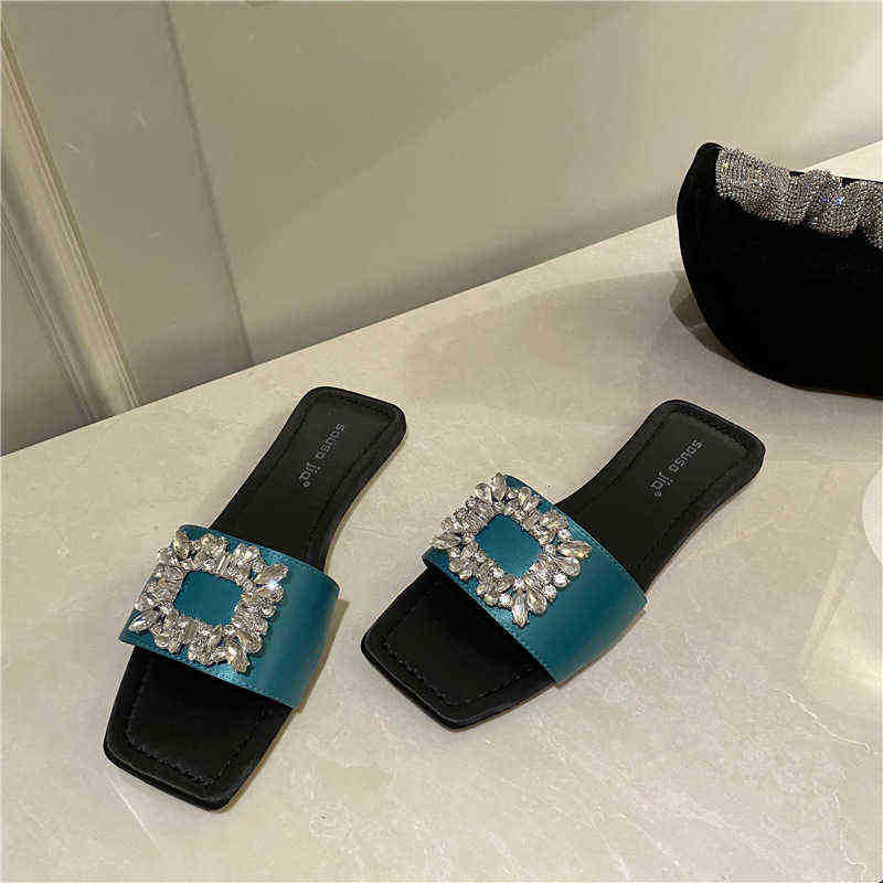 

Women's Shoes 2022rv Rhinestone Square Buckle High-heeled Flat Slippers Flower Drill Beach Wear Satin Single, Apricot