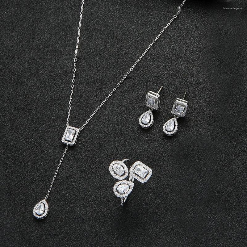 

Necklace Earrings Set RAKOL Trendy Teardrop Cubic Zirconia For Women Bridal Wedding Ring Dress Accessories Mujer Moda, Picture shown