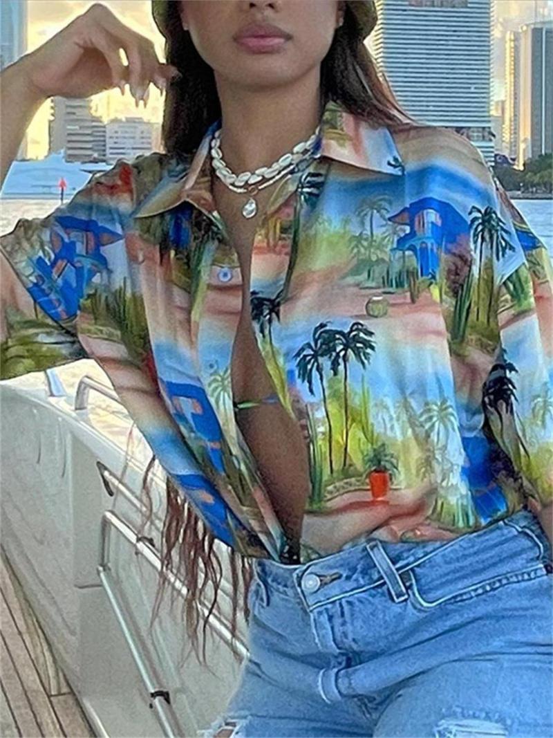 

Women' Blouses Wsevypo Tropical Tree Print Summer Loose Casual Shirts Women Short Sleeve Lapel Button Up Tops Holiday Party Streetwear, Multi