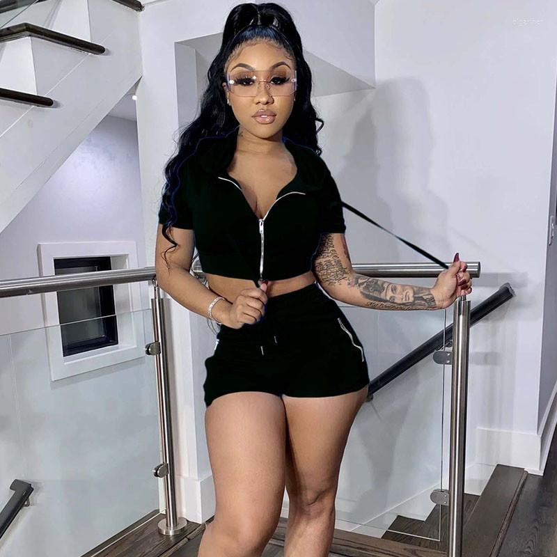 

Women' Tracksuits Women Sport Suit Tracksuit Female Two Piece Set Summer Short Sleeve Hoodies Zipper Crop Top Shorts Jogging Outfits, Black