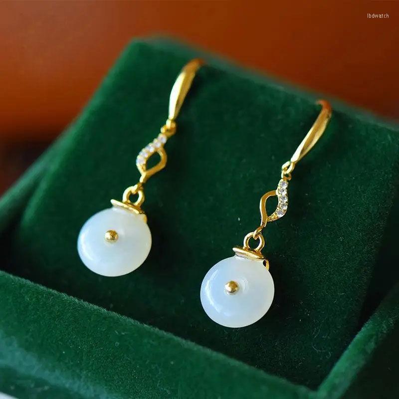 

Dangle Earrings Natural White Nephire Hetian Jade Small Safety Buckle S925 Sterling Silver Gilding Textured Elegant F