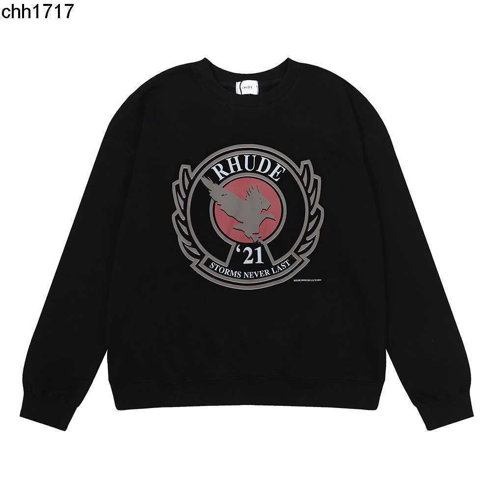 

American fashion brand 2022ss rhudes Eagle badge printed round neck cotton sweater men's and women's casual Pullover, Black