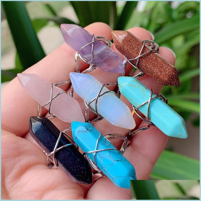 

Cluster Rings Fashion Wire Wrapped Crystal Rings Healing Stone Natural Women Ring Adjustable Open Shape Amethysts Pink Quartz Tiger Dh2Dx