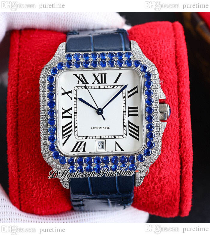 

TWF TWWSSA0009 M8215 Paved Diamonds Automatic Mens Watch 40mm Miyota Fully Iced Out Blue Diamond Bezel White Dial Black Roman Leather Strap Super Edition Puretime B2