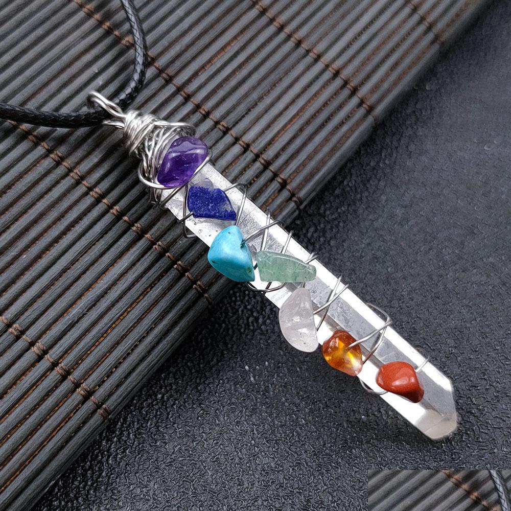 

Pendant Necklaces Reiki Healing Crystal Cylinder Chips Stone Bead Seven Chakra Energy Pendant Necklaces Pendum Amet Orgonite Necklac Dhamt