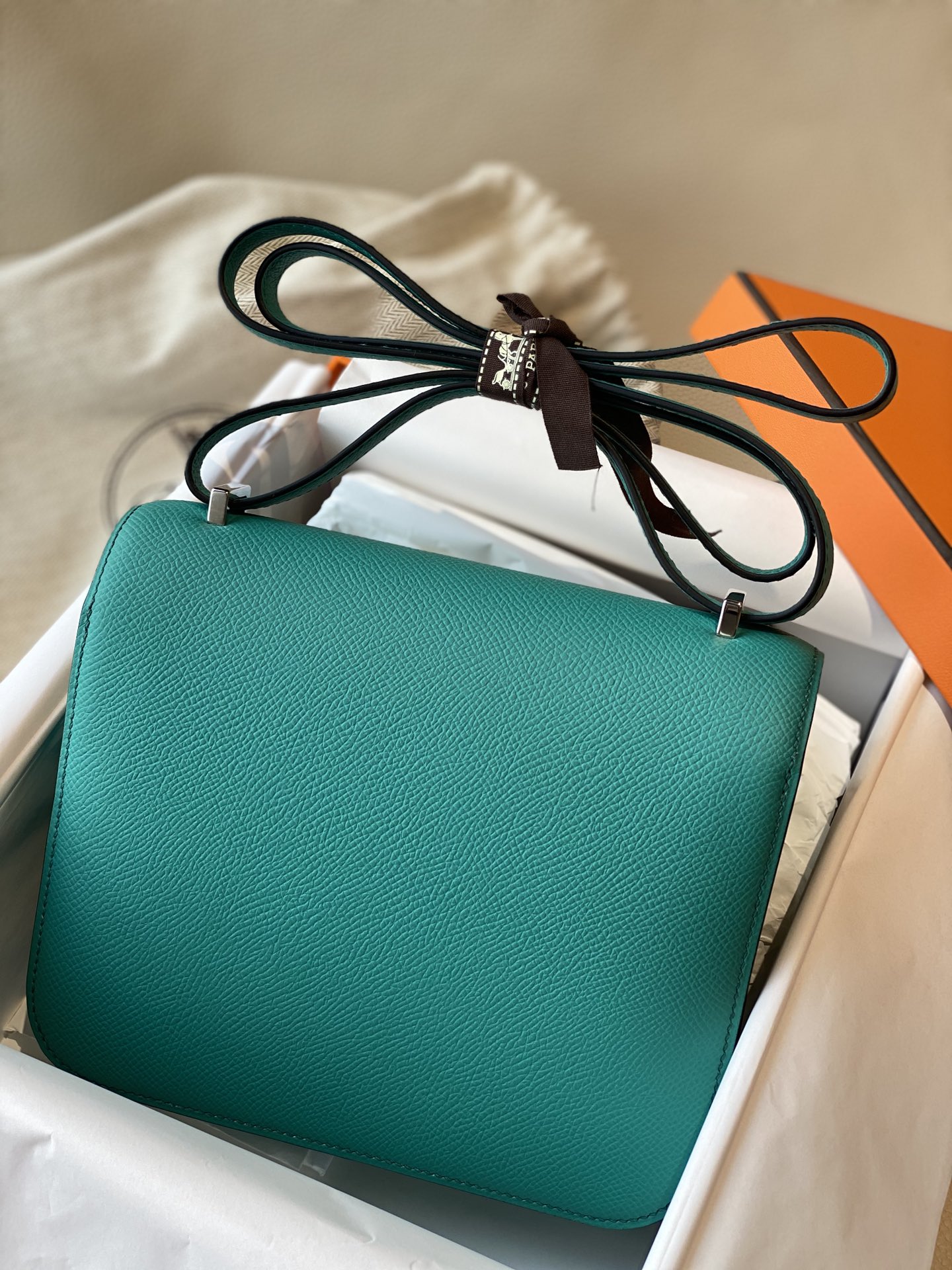 

Designer bag 19cm Constancebag 7F peacock blue silver buckle Epsonskin