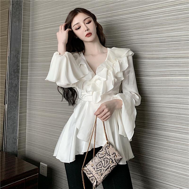 

Women' Blouses 2022 Ruffled Lace-up Waist Flared Sleeve Super Fairy V-neck Blouse Retro Hong Kong Style Female Design Sense Niche, White