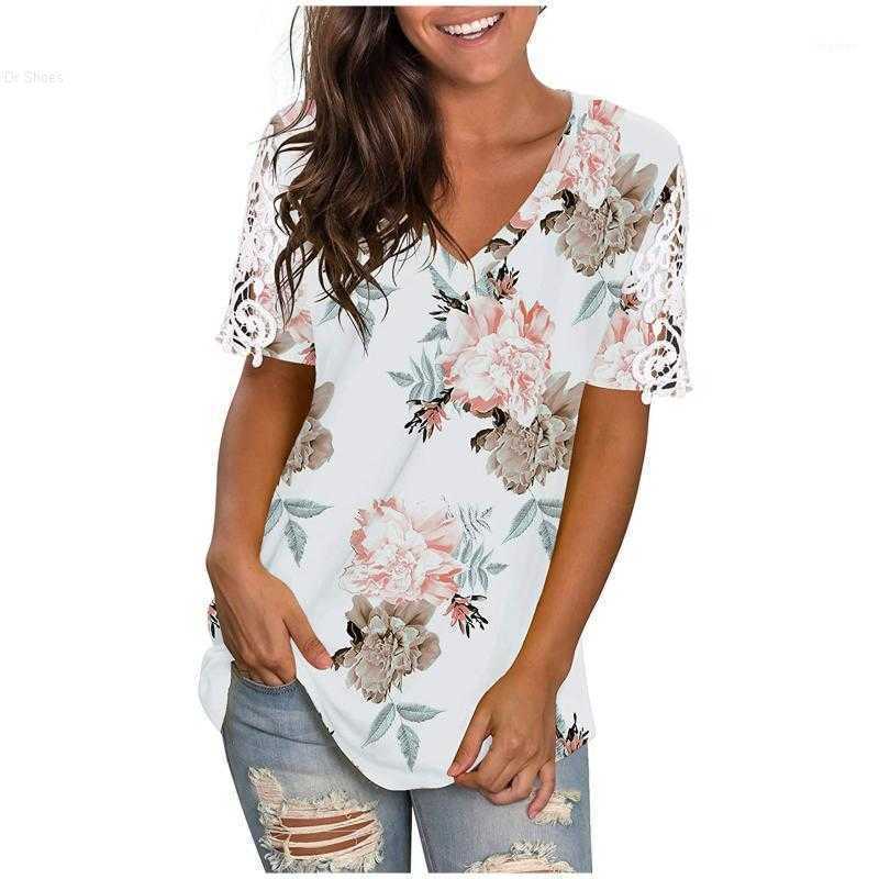 

Women Hollow Out Short Sleeves Tops Floral Printing Retro T-Shirt 2022 Summer V-Neck Tshirt Female Loose Tee Shirt Clothes Women's, Beige