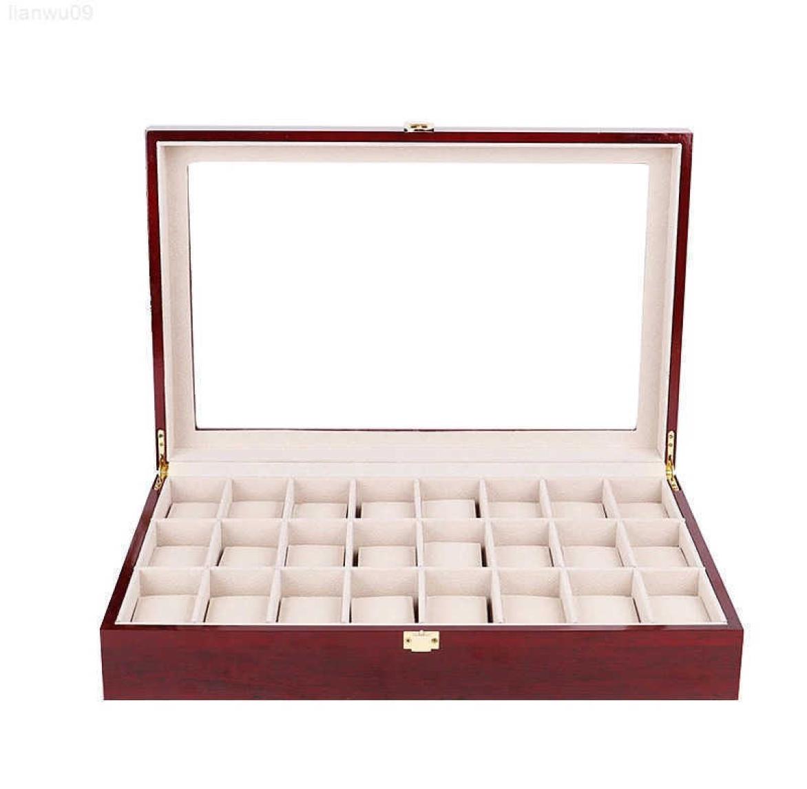 Boîtes à montres 24 emplacements, boîte en bois laquée rouge vif, organisateur de luxe, grand présentoir de bijoux, boîte de rangement, coussins,