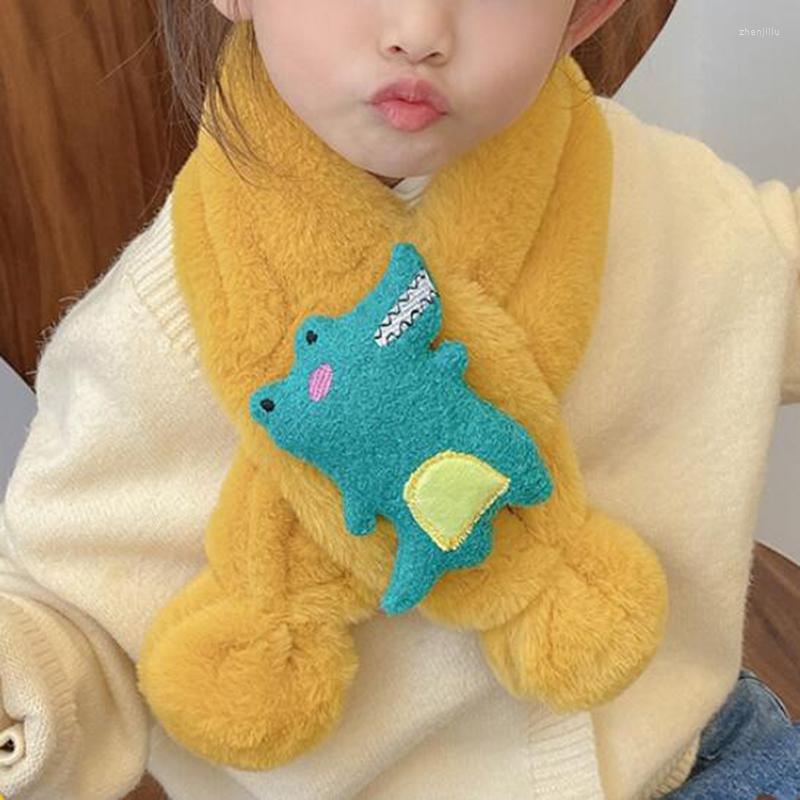 

Scarves Korean Cute Cartoon Dinosaur Children's Scarf Boys Girls Winter Faux Fur Cross Thick Neck Protection Warm Plush Shawl T18