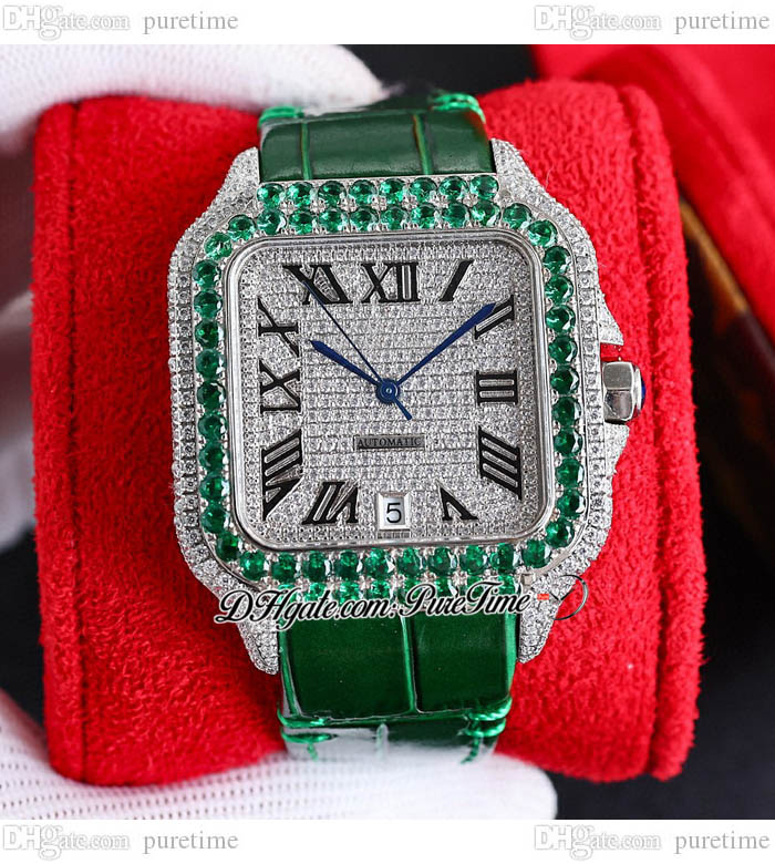 

TWF TWWSSA0009 M8215 Paved Diamonds Automatic Mens Watch 40mm Miyota Fully Iced Out Green Diamond Bezel Black Roman Dial Leather Strap Super Edition Puretime C3