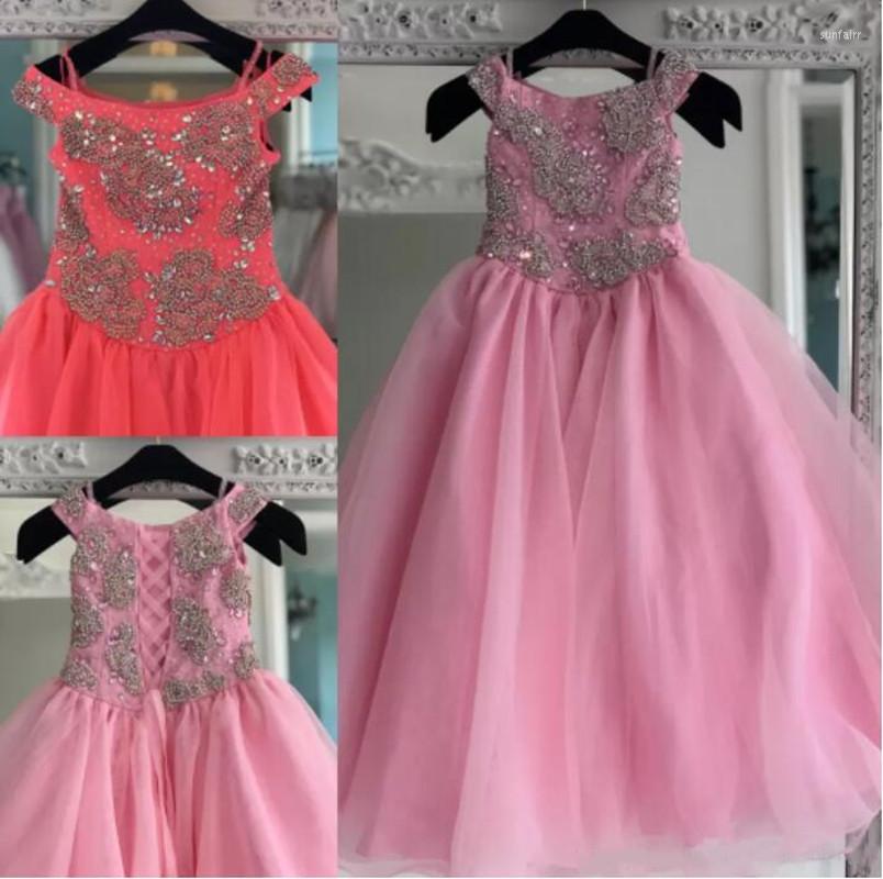 

Girl Dresses Princess Flower Crytals Beads Children Holy First Communion Pageant Party Gown, Pink