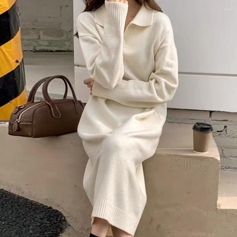 

Casual Dresses Apricot Soft Woolen Dress Women 2022 Winter Fall Turn-down Collar Loose Sweater Ladies Full-sleeve Korean Knit Clothing, Green flower dress
