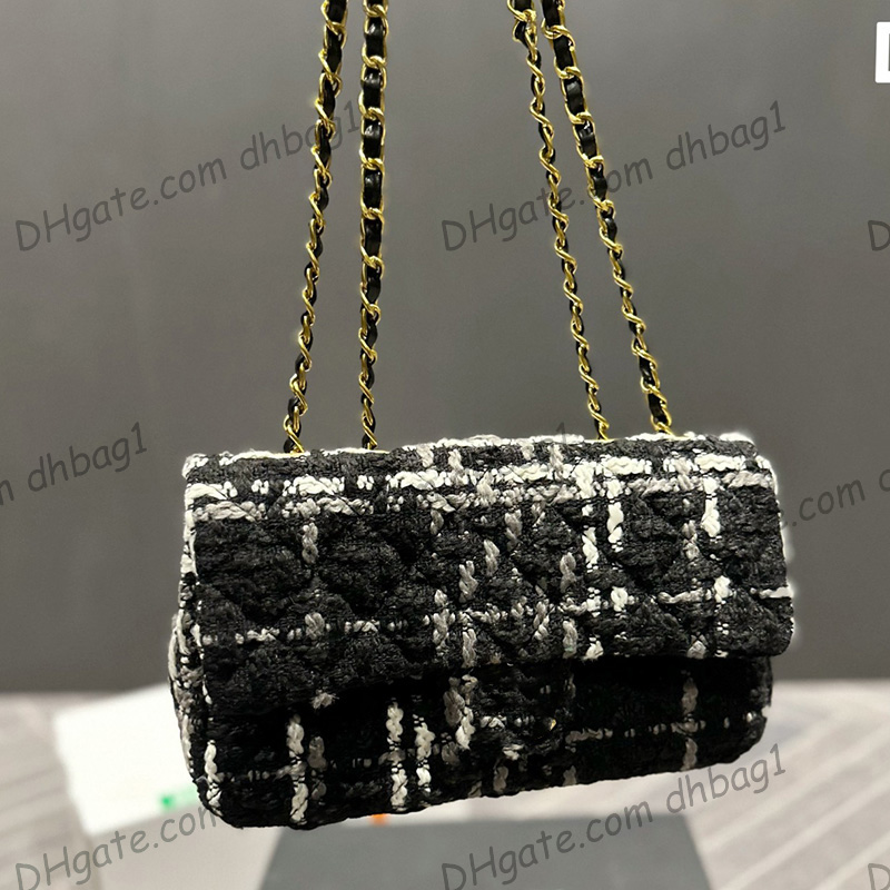 

Womens Designer Cross Body Tweed Quilted Bags Knitting Wool Gold Metal Hardware Matelasse Chain Crossbody Shoulder Outdoor Sacoche With Back Pouch 25X14CM, Box