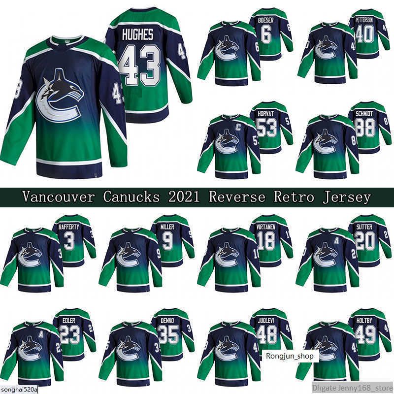 

Quinn Hughes Vancouver Canucks 2021 Reverse Retro Jersey 40 Elias Pettersson 53 Bo Horvat 88 NATE SCHMIDT 49 HOLTBY Hockey Jerseys, Reverse retro green 20 a pacth