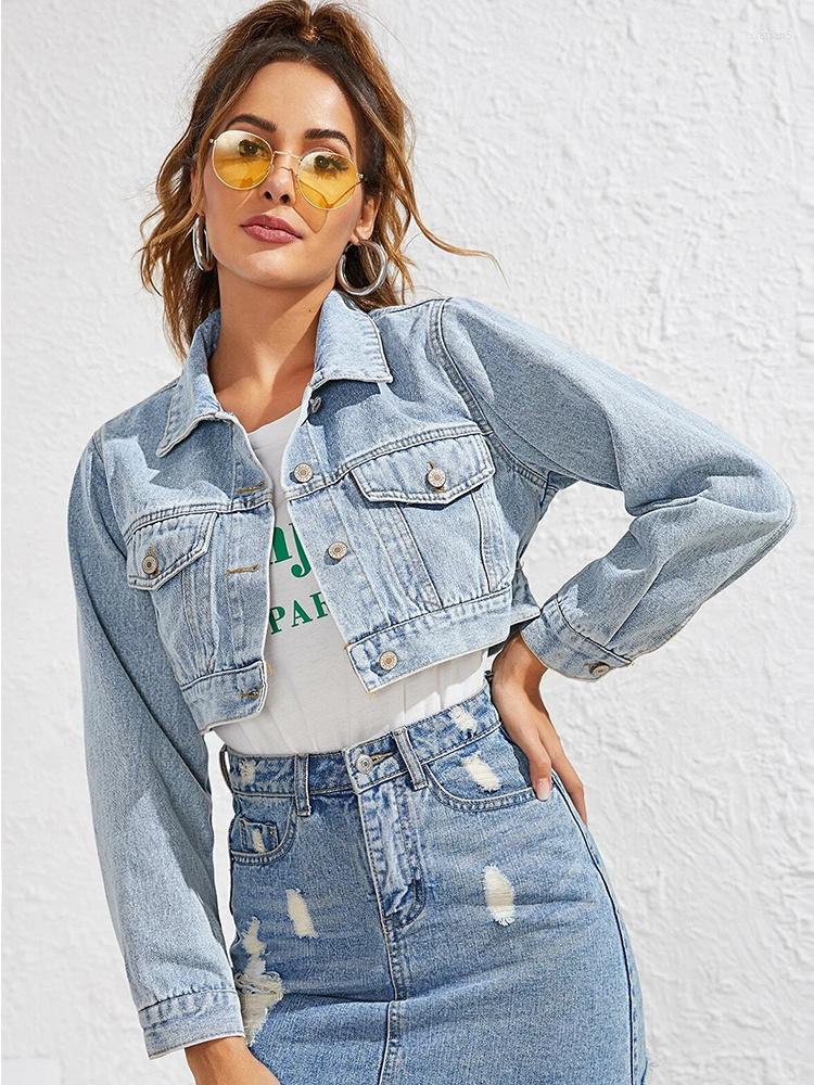 

Women's Jackets High Street Women Retro Blue Short Denim Spring Female Single Breasted Lapel Vintage Coat Ladies Outwear Tops