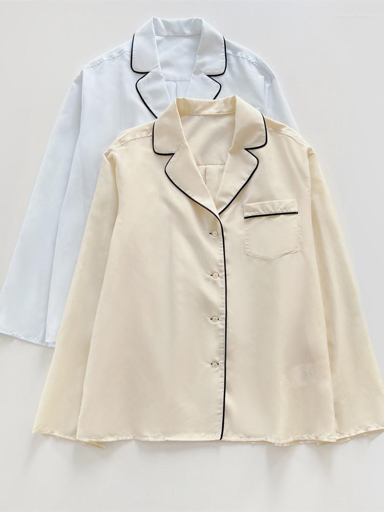 

Women's Blouses Women Silk And Cotton-blend Shirt Pajama-style Notched Top Lady Single Breasted Loose Long Sleeve Blouse With One Pocket, Light blue