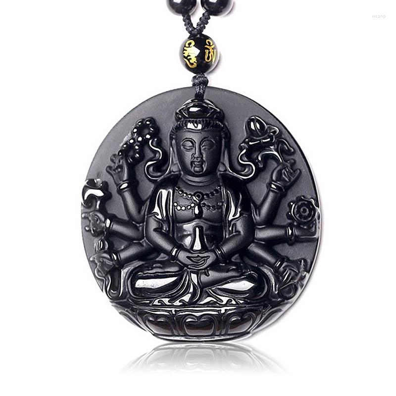 

Pendant Necklaces Natural Stone Pendants Black Obsidian Carved Round Thousand Hands Guanyin Buddha Amulet Lucky Lovers' Necklace Jewelry