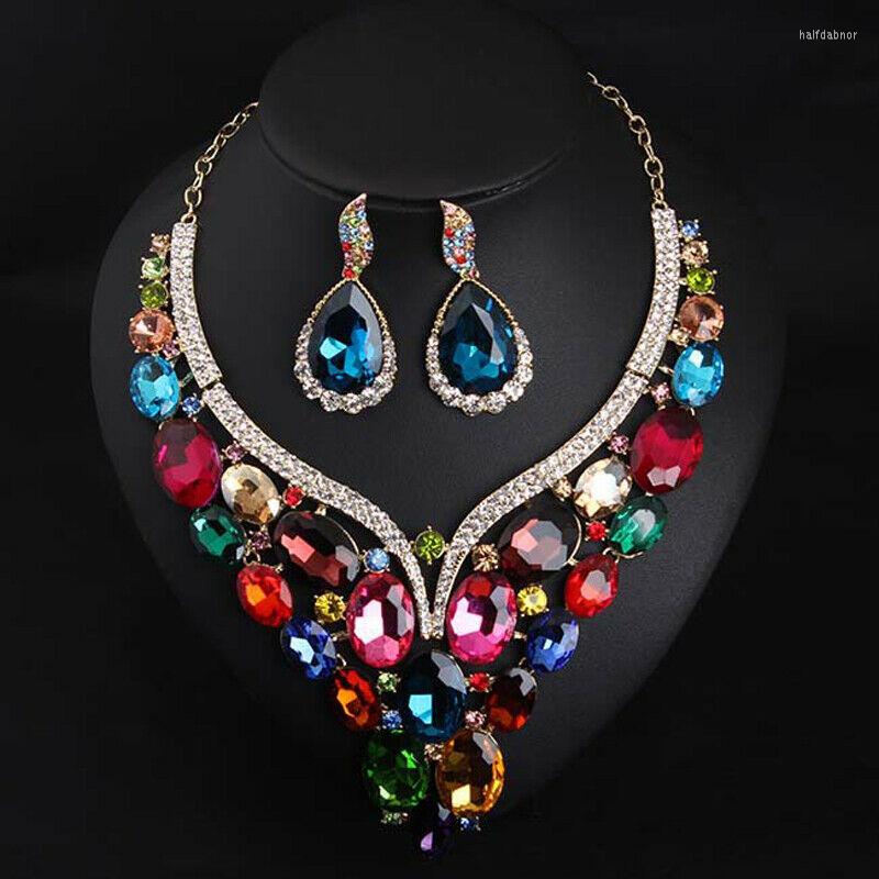 

Necklace Earrings Set Fashion Crystal Bridal Wedding Party Choker Statement Collar African Dubai Jewellery Accessories, Picture shown