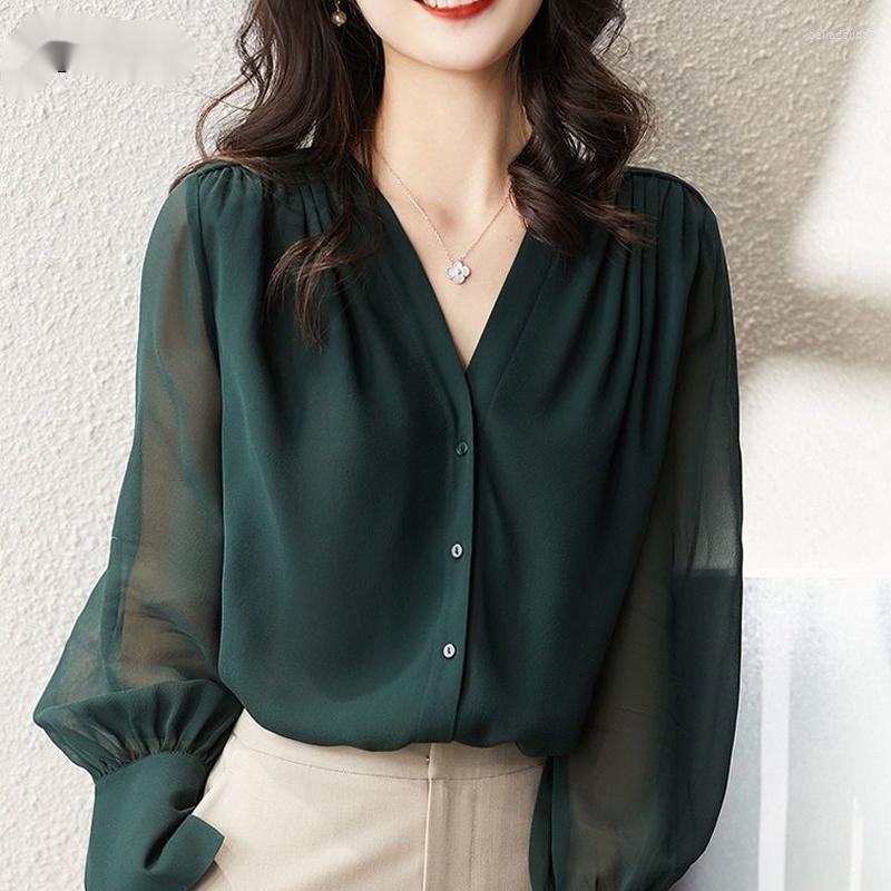 

Women's Blouses GLAUKE Summer Gauze Long Sleeve Solid Color Button V-neck Straight Loose Chiffon Thin Comfortable Women's Clothing 2022, Khaki
