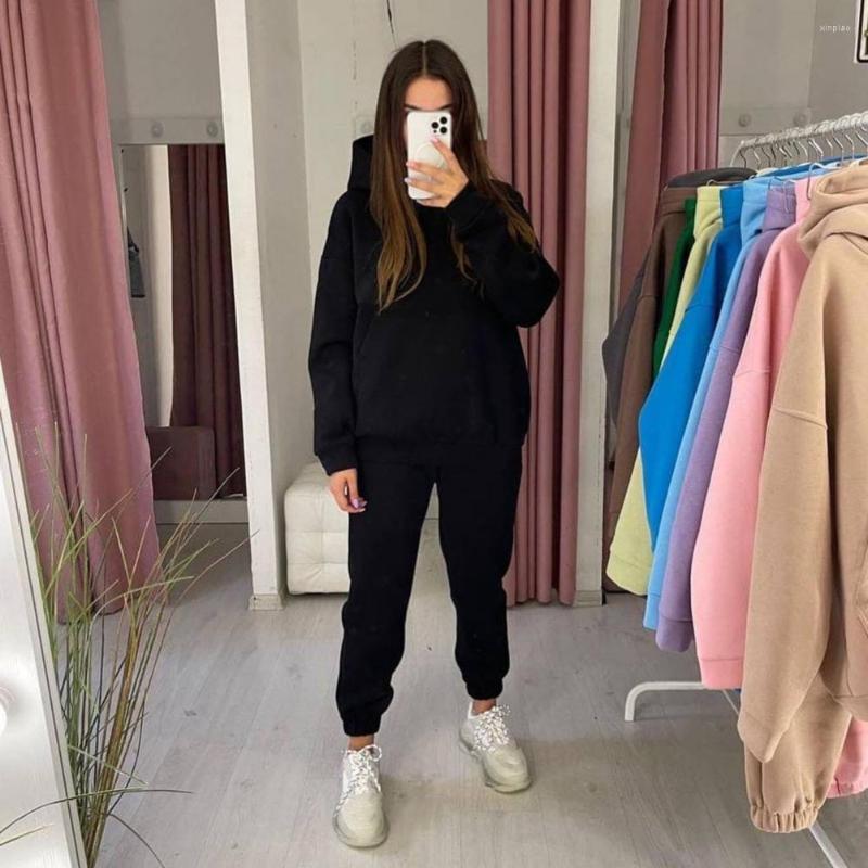 

Women' Two Piece Pants Chic Women Winter Tracksuit Hooded Oversized Casual Elastic Cuff Autumn Thick Hoodie Set For Jogging, Black