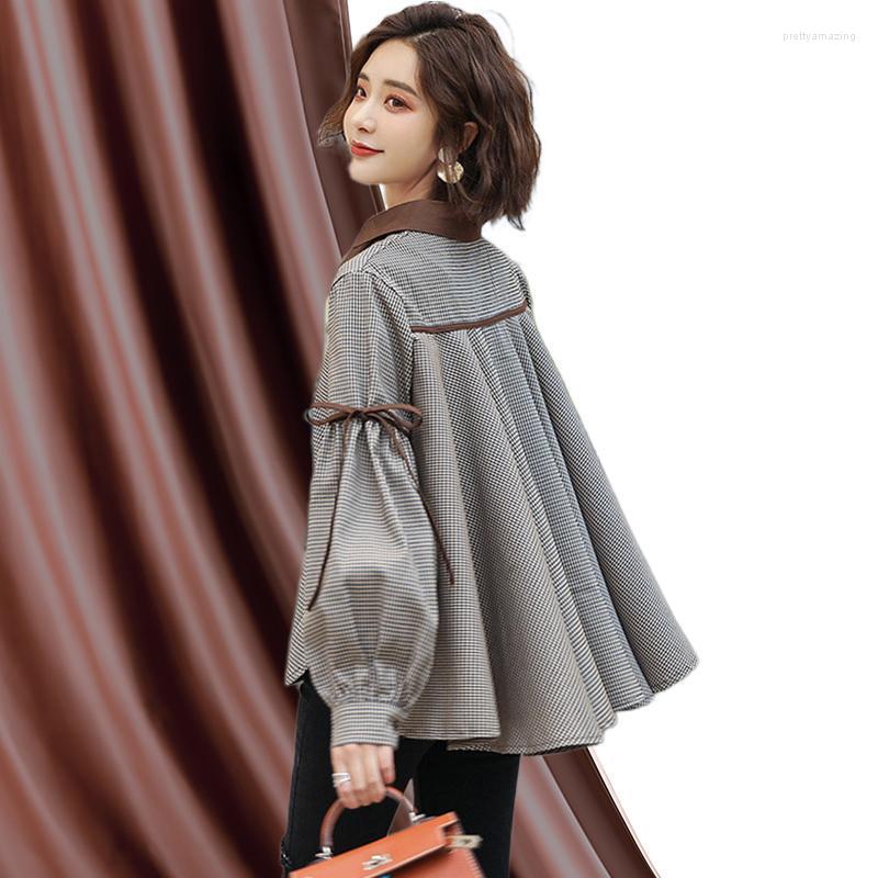 

Women's Blouses Women Blouse Large Size Korean Sweet LOOSE PLAID Puff Sleeve Lapel Full Bowknot Girls All-match Small Fresh, Gray