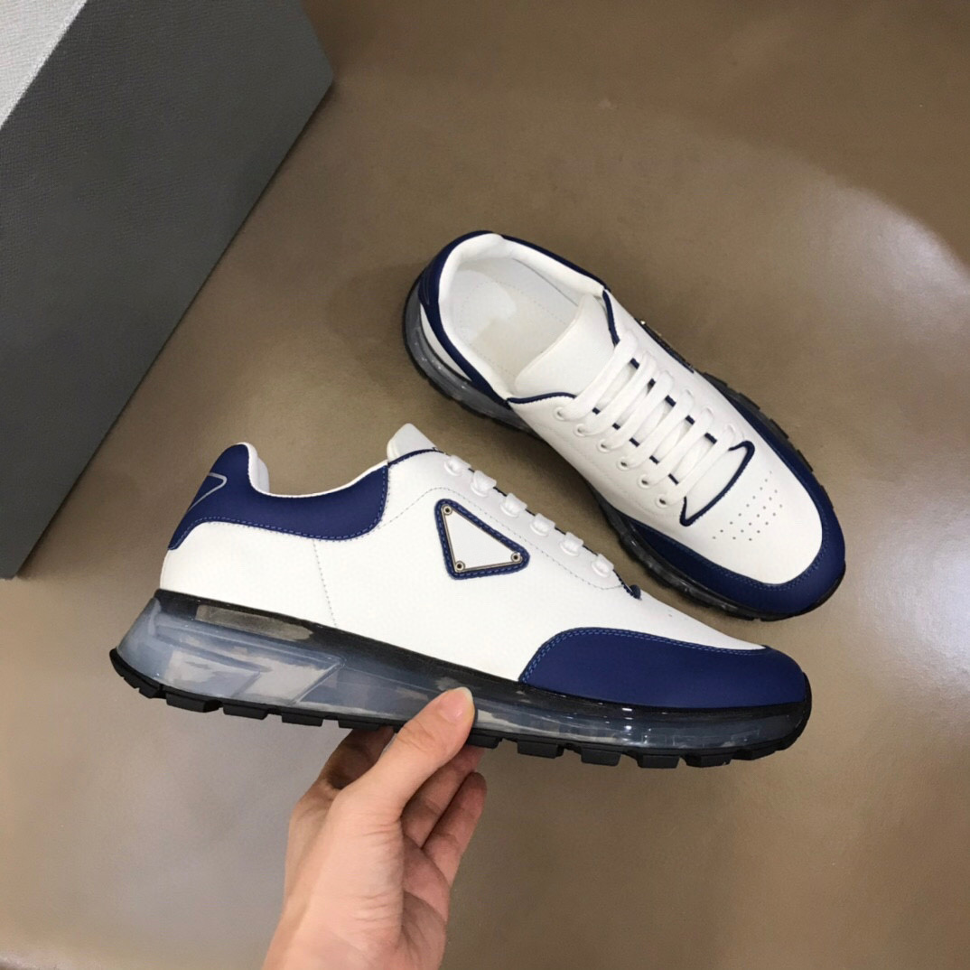 

Black White Brushed Leather Casual Shoes For Men Triangle Logo Runner Sneaker Lace-up Sporty Trainers Chunky Rubber Tread Sole