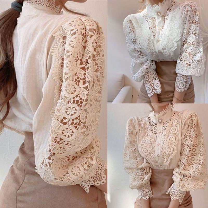 

Women's Blouses Women's French Lace Shirt Sweet Long Sleeves Blouse Loose Hollow Casual Top Korean Button For Autumn, White