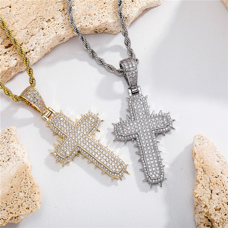 

Iced out Zircon Cactus Cross Hiphop Pendant Chain Men's Jewelrys Gold Silver Color CZ Pendant Necklace Bling Jewelry