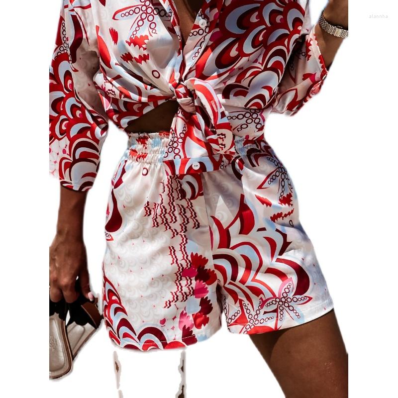 

Women' Tracksuits Summer Bohemian Casual Short Sets Woman Fashion Printing Half Sleeve Chiffon Shirts Elastic Waist Shorts Twinset Female, Red