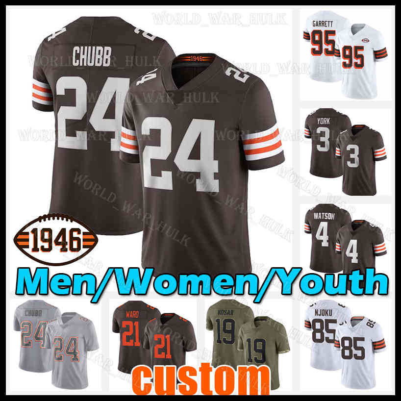 

24 Nick Chubb Football Jersey 3 Cade Yorks Jeremiah Owusu-Koramoah 19 Bernie Kosar 54 Deion Jones Greedy Williams Sione Takitaki Joel Bitonio David Njoku 8 Kellen Mond, Men jersey(bl)+patch