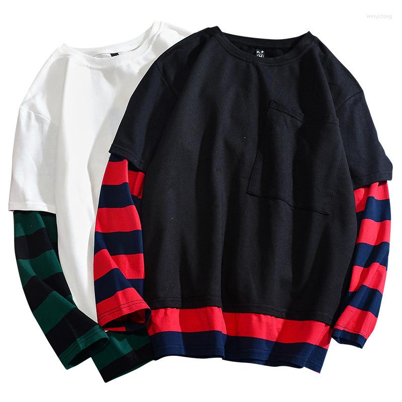 

Men' T Shirts 2022Trend Brand Fashion T-Shirt Men Spring Striped Fake Two-Piece Tees Tops Harajuku Long-Sleeved Male, Black