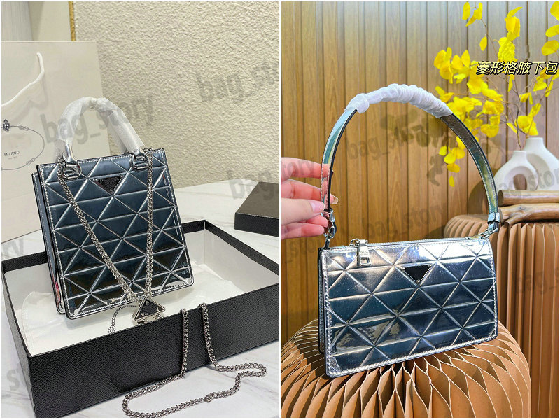 

Designer Metallic Trunk Bag Silver Patent Leather Handle Handbag Mini Mirror Metallic Decorated Chains Triangle Logo Letter Flap Luxury Cross Body Purse Wallets