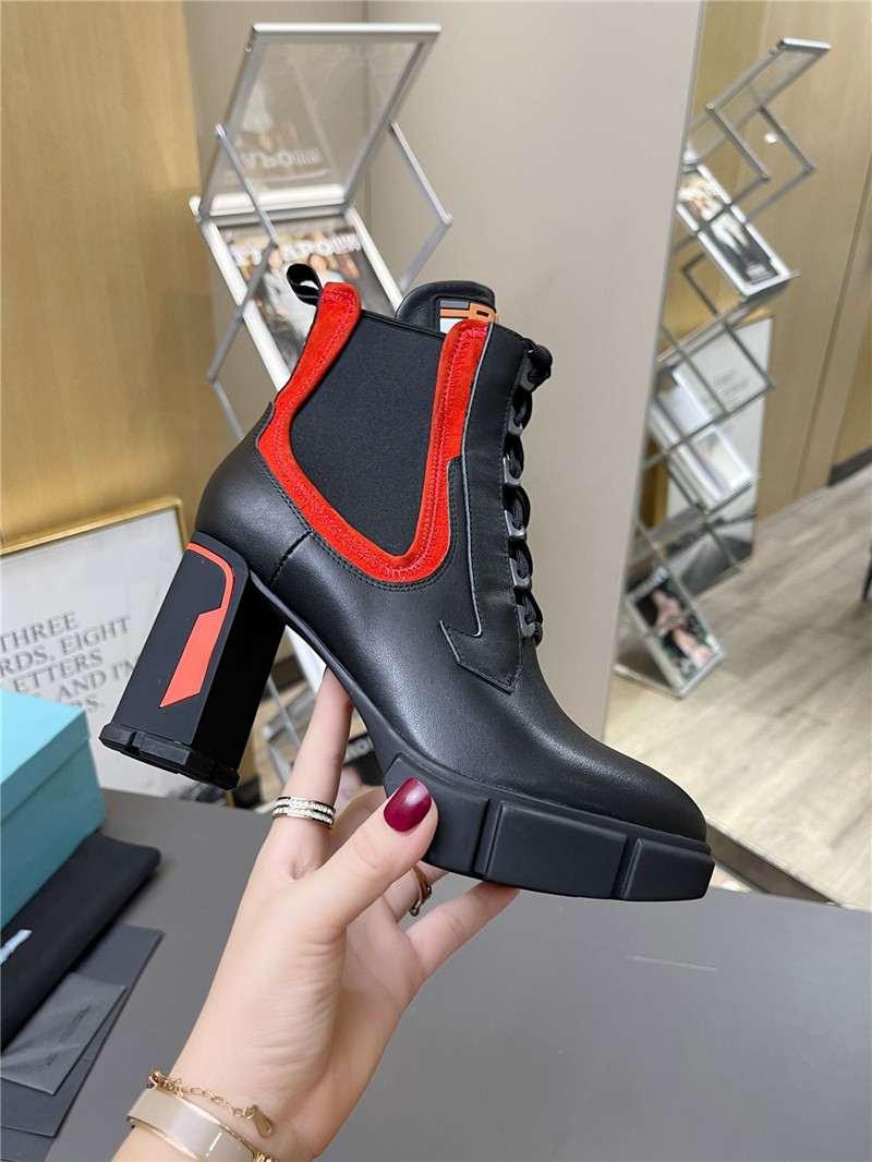 

Designer Luxury Womens Milano Brushed nylon Monolith Black Red patent lug sole platform booties leather ankle Boots With Original box