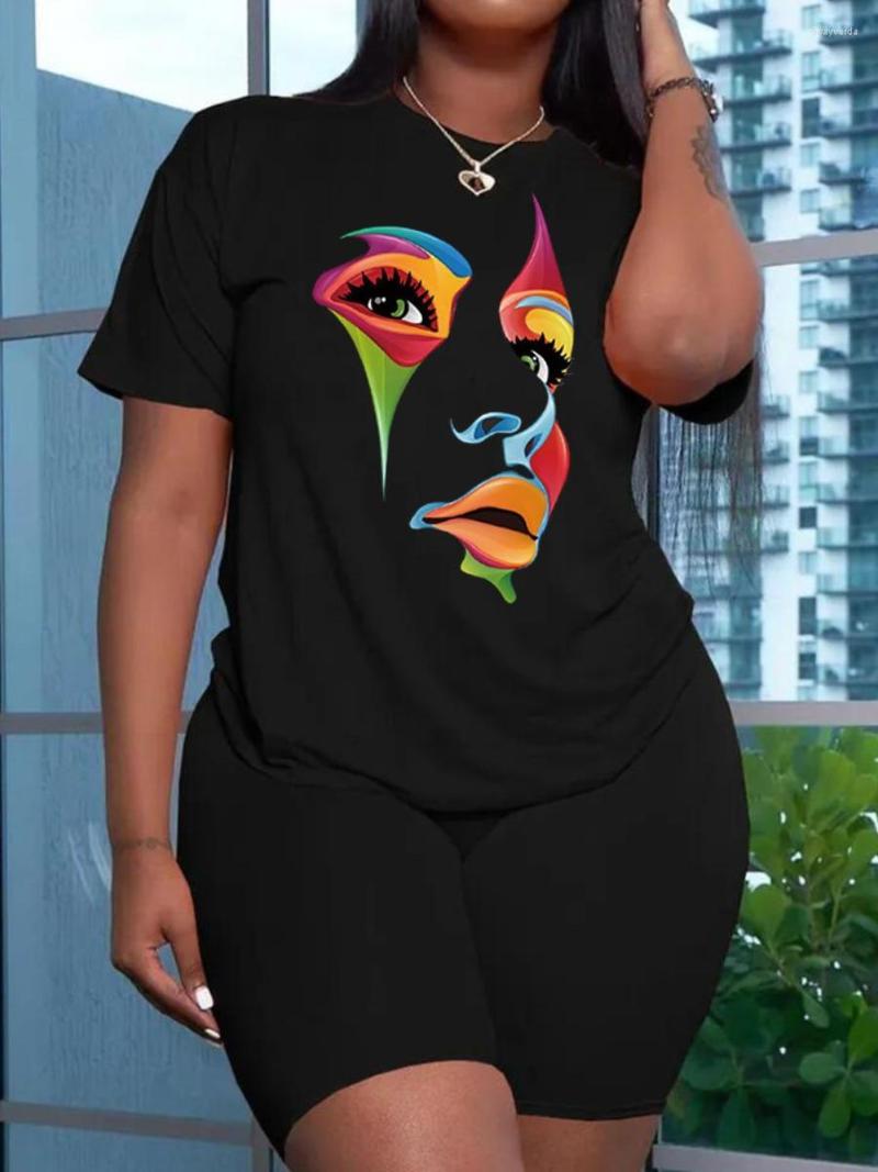 

Tracksuits LW Plus Size Women Clothes Figure Print Patchwork Black Two Piece Set Casual Round Neck T-shirt Skinny Shorts