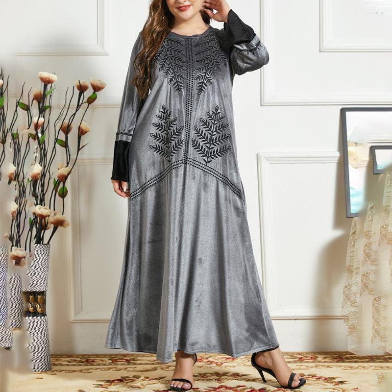 

Plus Size Dresses 4xl Middle Eastern Maxi Women Embroidery Loose Long Sleeves Party Dress Elegant Arabian Velvet Robe A30, Gray