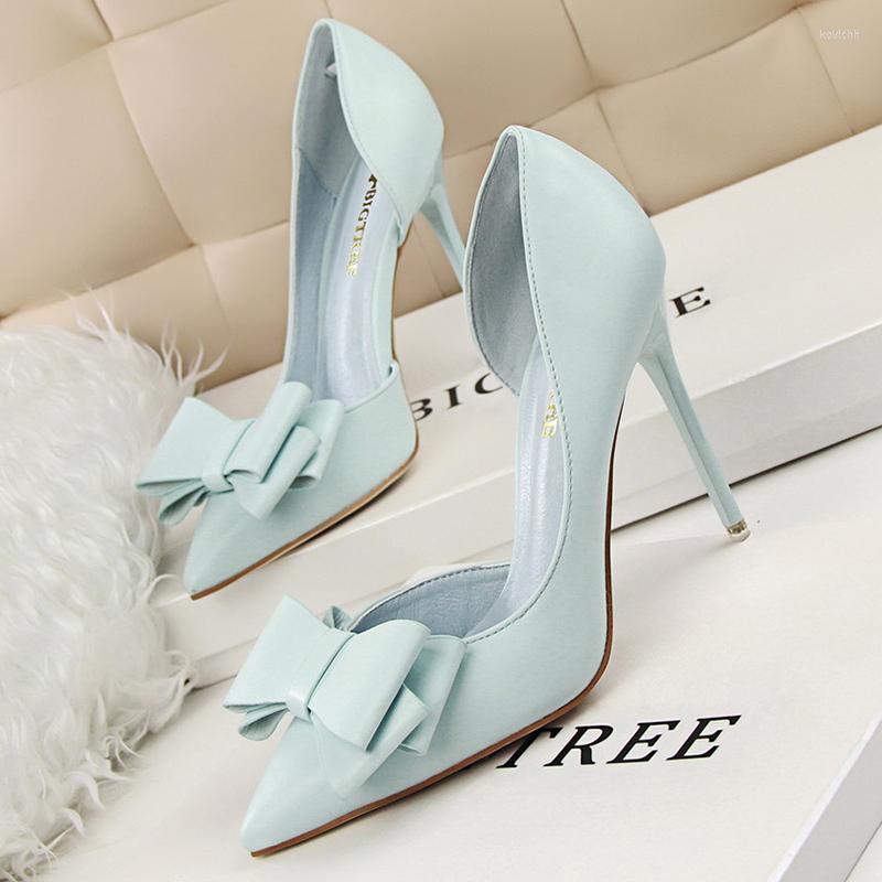 

Dress Shoes 2022 Sweet Women Fetish 10.5cm Thin High Heels Shallow Butterfly Knots Pumps Pointed Toe Hollow Blue Pink Wedding Big Size, Black
