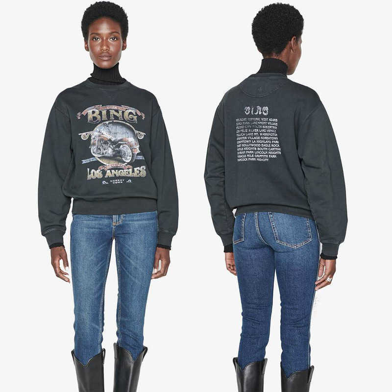 

Fashion ANINE 23ss BING Women Designer Sweatshirt Fried Snowflake Washing Motorcycle Print Fleece Sweater Pullover Hoodie, Dark gray