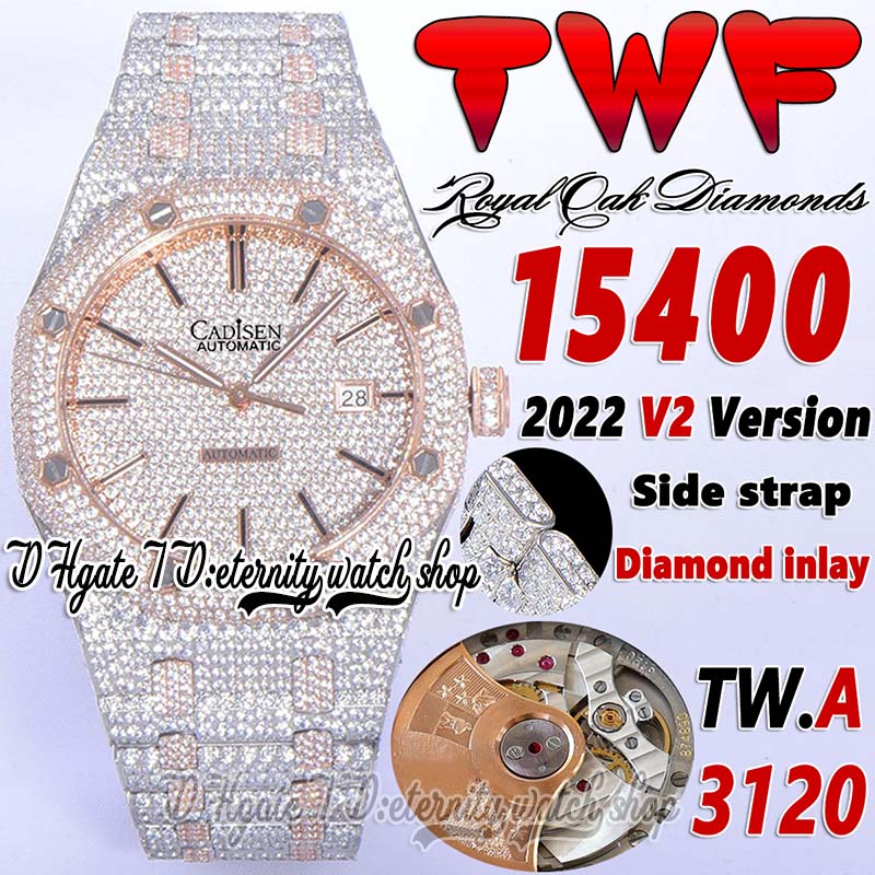 

TWF V2 tw15400 A3120 Automatic Mens Watch Paved Diamond Dial Stick Steel side with Diamonds Two Tone Bracelet Super Edition eternity Jewelry Fully Iced Out Watches, Watch waterproof production cost